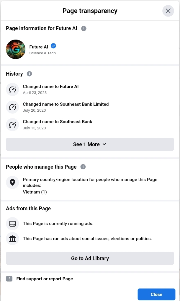 Southeast Bank Limited Official Facebook Page Transparency
